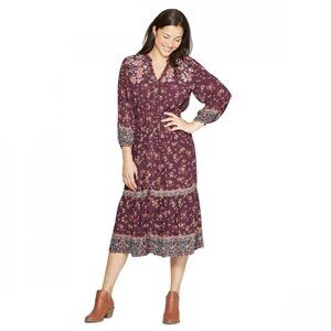 Knox Rose Burgundy Floral Size S Long Sleeve Midi Dress Boho Cottagecore Peasant